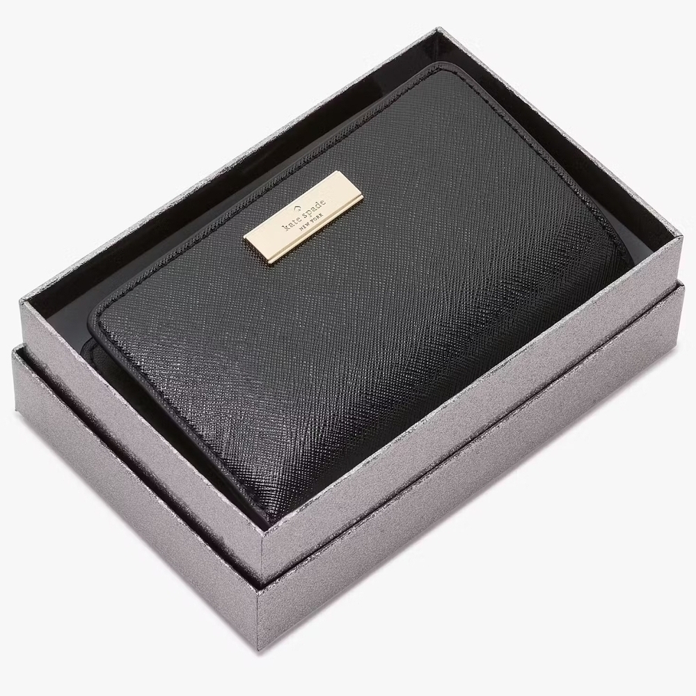 Kate spade Kenzie Boxed Medium Compact BIFOLD Wallet in Black & GOLD #KK043 NEW